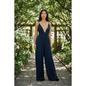 URBAN OUTFITTERS Navy Wide Leg Plunge Neck Spaghetti Strap Jumpsuit S
